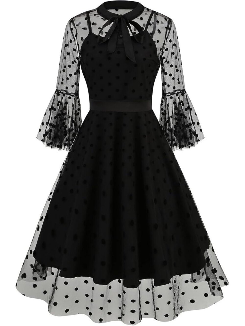 Women's Black Polka Dot Sleeveless Mesh Floral Embroidery Vintage Dress